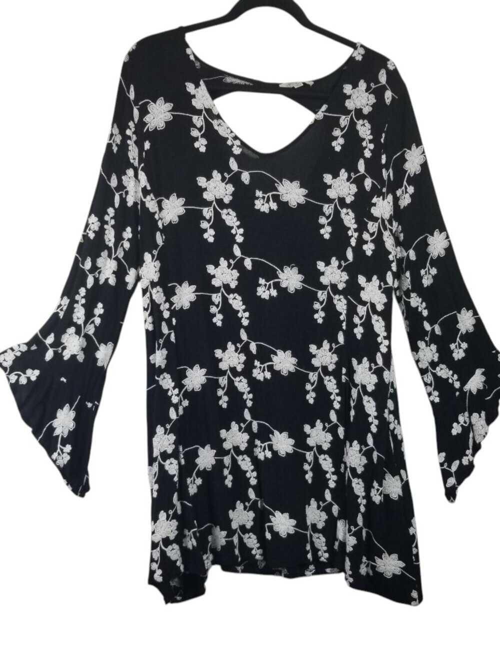 Umgee Women's Cotton Blend Black Emboidered Floral Tunic Bell Sleeve Dress Sz1XL